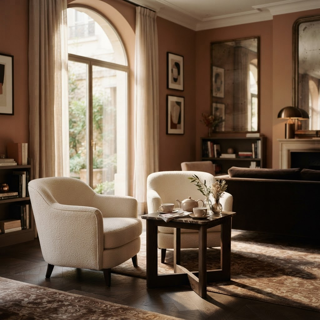 A quiet, warmly lit lounge prepared for a private conversation